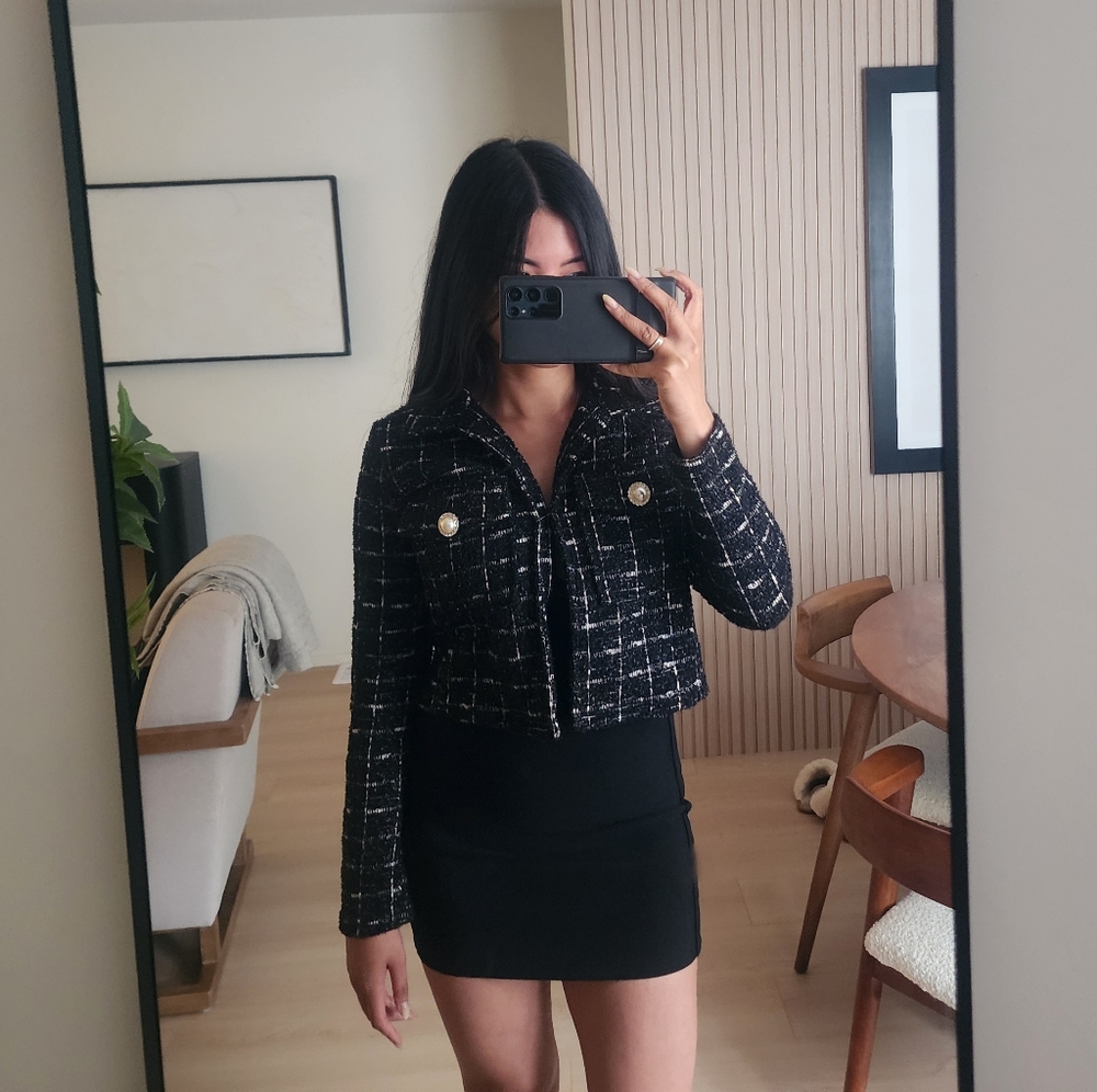 Black Tweed Jacket with Pearl Buttons